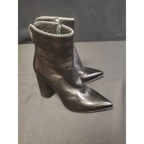 Black Leather Studded Cuff Block Heel Bootie Boots MA&amp;LO 37 US 6.5 NWOT