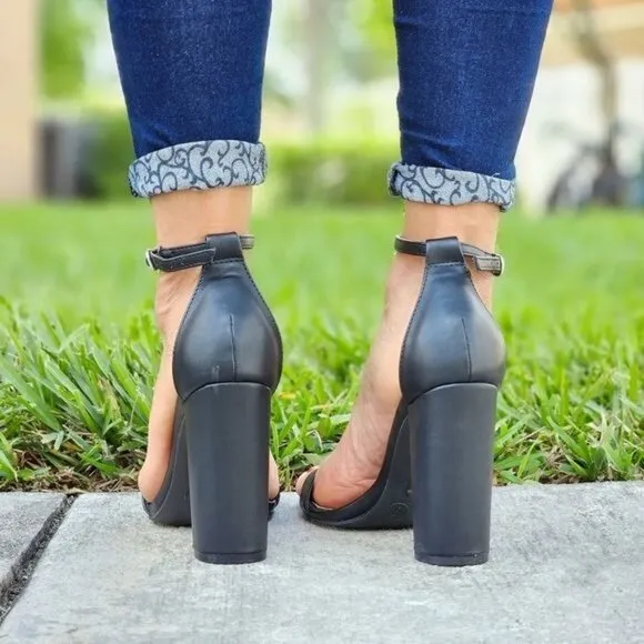 Black PU Ankle Strap Block Heel Dress Sandals