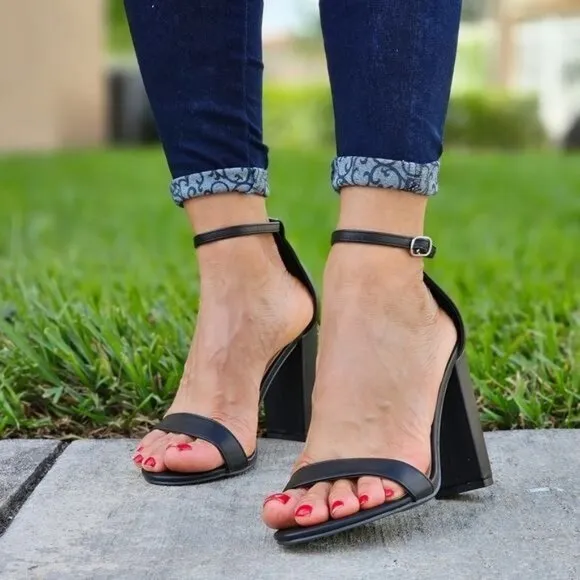 Black PU Ankle Strap Block Heel Dress Sandals