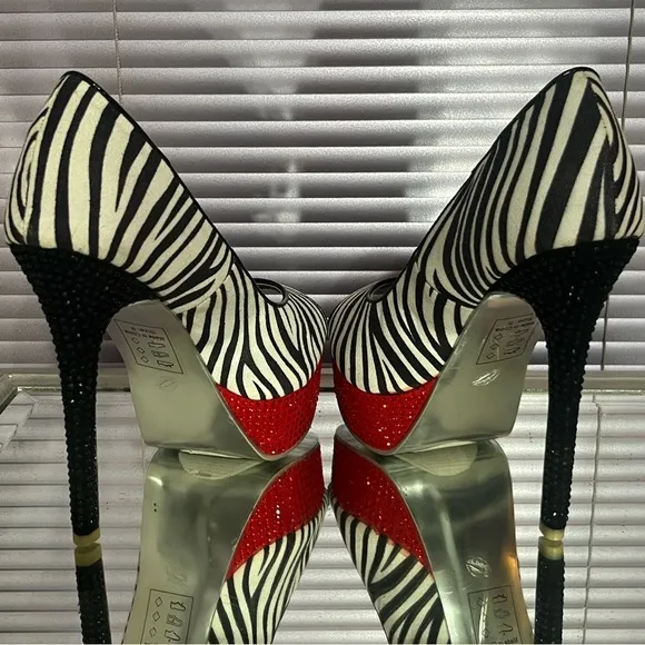 Black Red white crystal rhinestone Zebra high heel stiletto platform pumps shoes