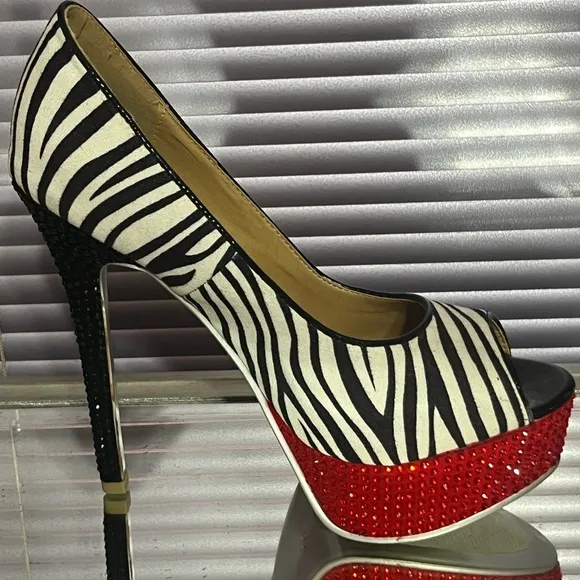 Black Red white crystal rhinestone Zebra high heel stiletto platform pumps shoes