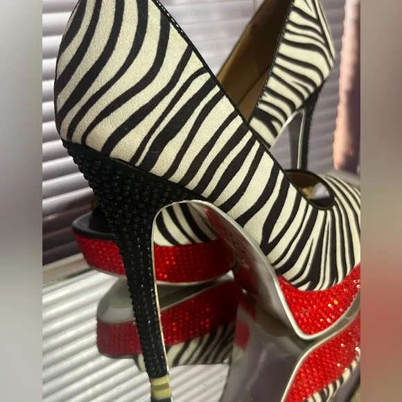 Black Red white crystal rhinestone Zebra high heel stiletto platform pumps shoes