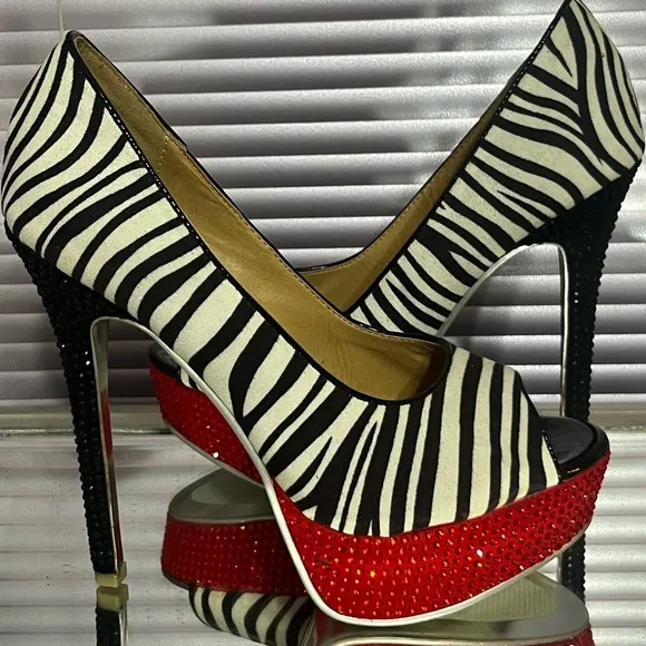 Black Red white crystal rhinestone Zebra high heel stiletto platform pumps shoes