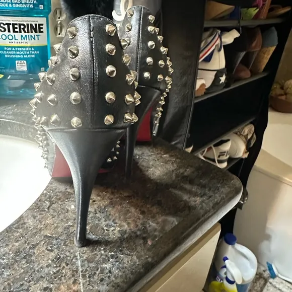 Black Studded Peep-Toe Heels