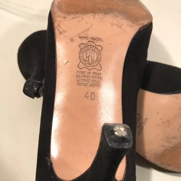 Black Suede Italian Heels Gold &amp; Rhinestone Accent
