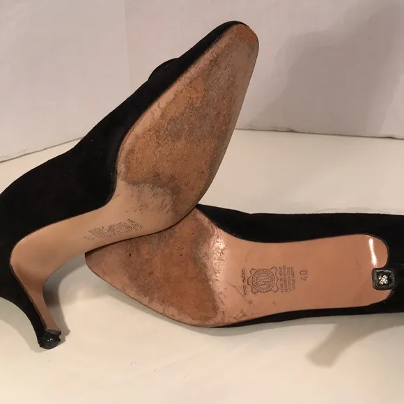 Black Suede Italian Heels Gold &amp; Rhinestone Accent