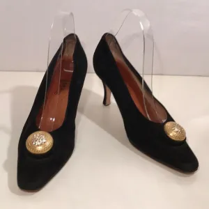 Black Suede Italian Heels Gold &amp; Rhinestone Accent