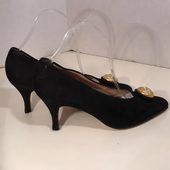 Black Suede Italian Heels Gold &amp; Rhinestone Accent