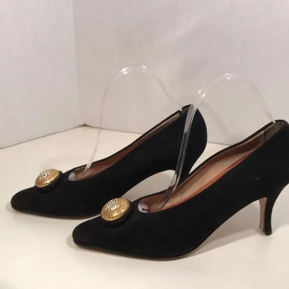 Black Suede Italian Heels Gold &amp; Rhinestone Accent