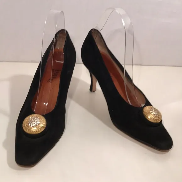 Black Suede Italian Heels Gold &amp; Rhinestone Accent