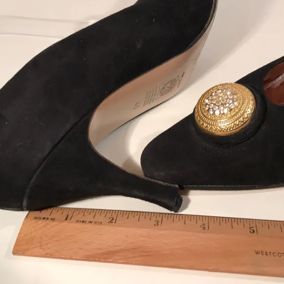 Black Suede Italian Heels Gold &amp; Rhinestone Accent