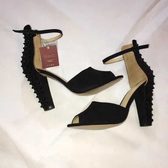 Black suede studded ankle straps pumps NWT