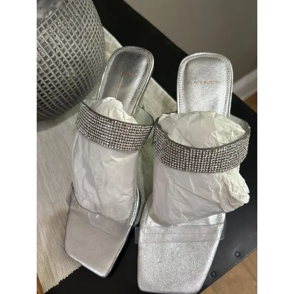 Black Suede Studio Cali SILVER Glitter Slide Sandal Womens Size 38.5