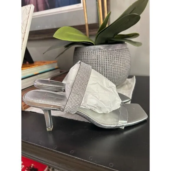 Black Suede Studio Cali SILVER Glitter Slide Sandal Womens Size 38.5