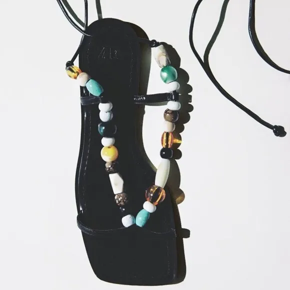 Black Zara Bead Embellished Strap-Ankle Low Heel Squared-Toe Sandals (NWT)