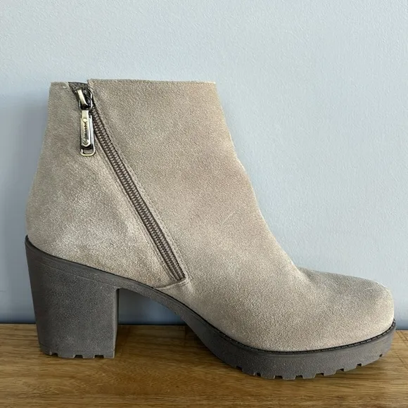 Blondo Skye Gray Suede Ankle Waterproof Boots with Chunky Heel and Zipper