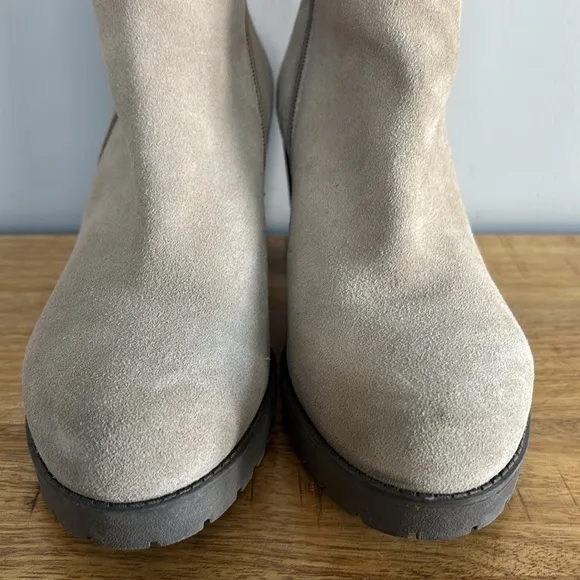 Blondo Skye Gray Suede Ankle Waterproof Boots with Chunky Heel and Zipper
