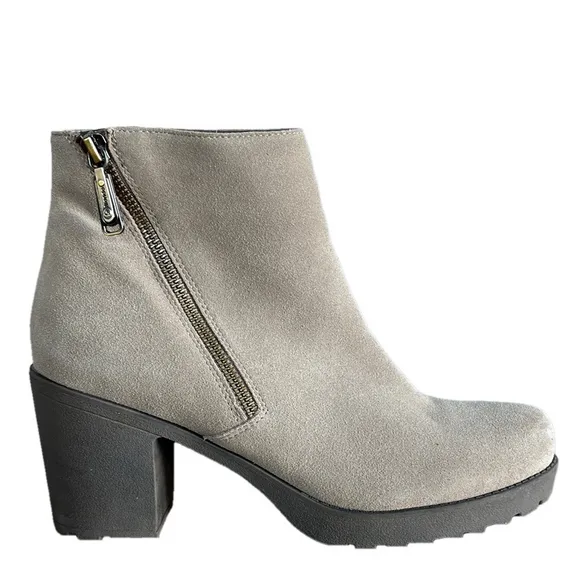 Blondo Skye Gray Suede Ankle Waterproof Boots with Chunky Heel and Zipper
