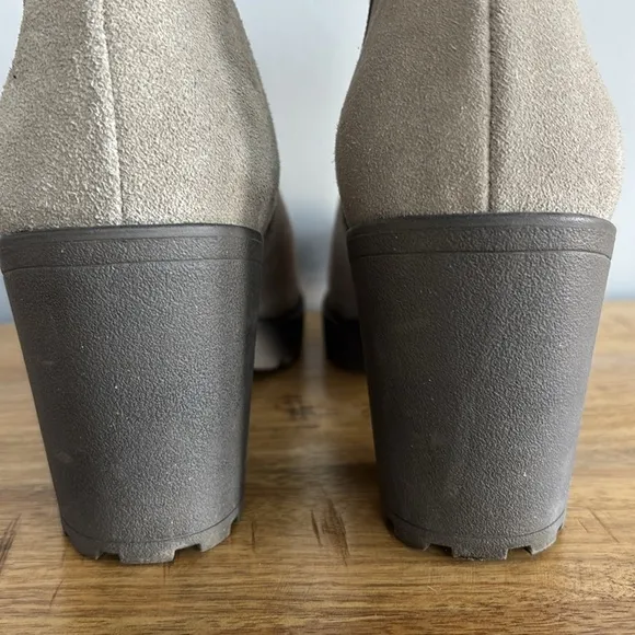 Blondo Skye Gray Suede Ankle Waterproof Boots with Chunky Heel and Zipper