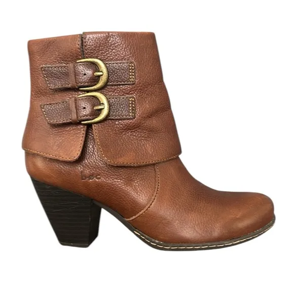 B.O.C Born Concept Traipse Brown Leather Booties Cuffed Double Buckle 7/38