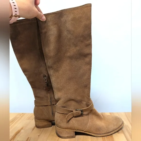 Boden Brown Suede Slouchy Tall Boots 40 Block Heel Moto Buckle Leather 9