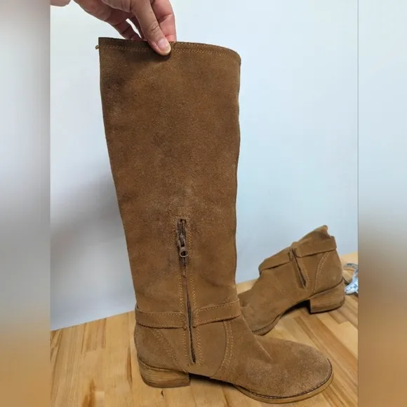 Boden Brown Suede Slouchy Tall Boots 40 Block Heel Moto Buckle Leather 9