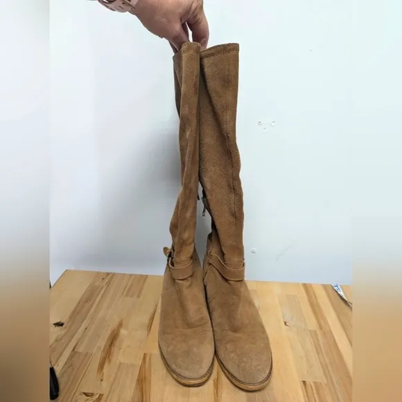 Boden Brown Suede Slouchy Tall Boots 40 Block Heel Moto Buckle Leather 9