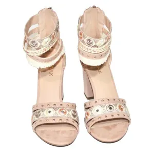 Boho Chic Embellished Beige Block Heel Size 8.5