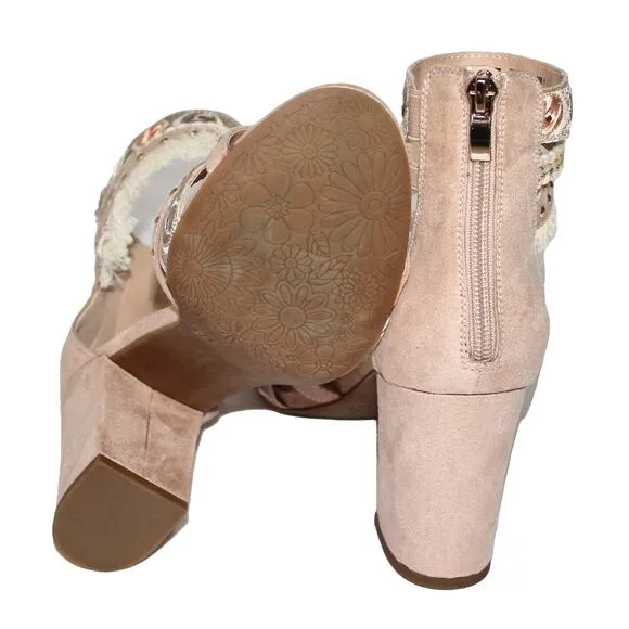 Boho Chic Embellished Beige Block Heel Size 8.5