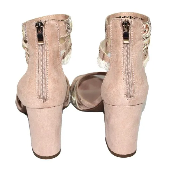 Boho Chic Embellished Beige Block Heel Size 8.5