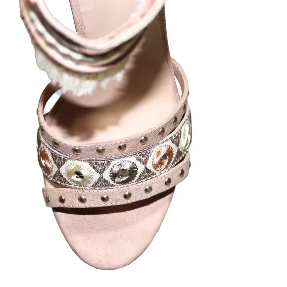 Boho Chic Embellished Beige Block Heel Size 8.5