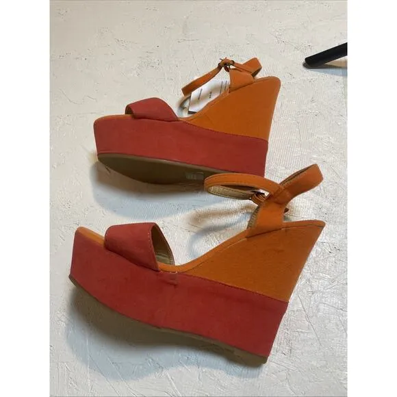 Bolaro By Summer Rio Orange Suede Wedge Platforms 7 1/2 NWOT