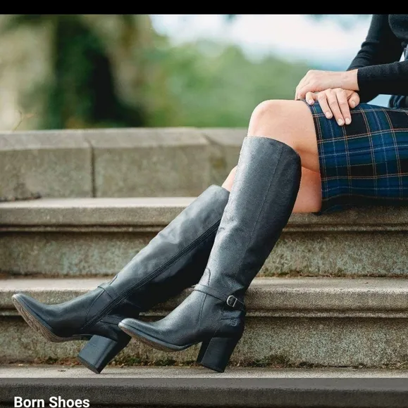 Born Esla Women's Black Block Heel Leather Knee High Boots