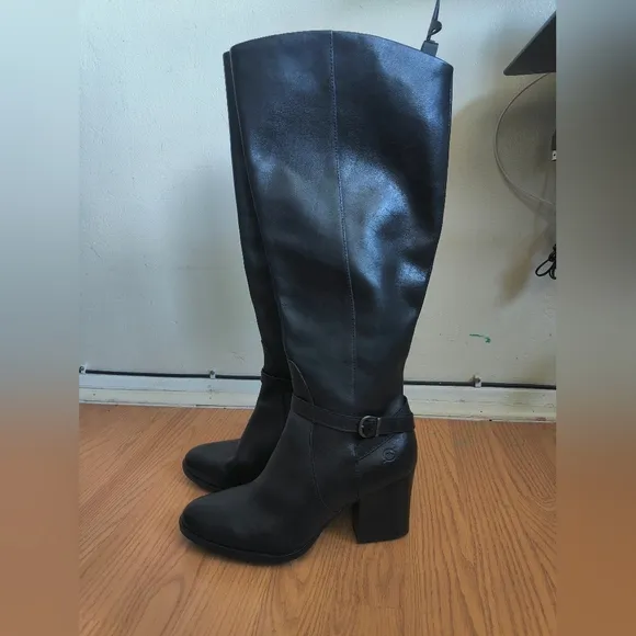 Born Esla Women's Black Block Heel Leather Knee High Boots