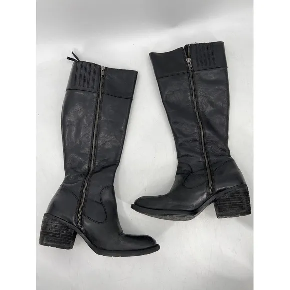 Born Fannar Black Leather Knee High Side Zip Block Heel Riding Boots Size 7M