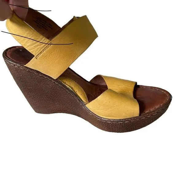 BORN Leather Wedge Summer Sandals Mustard Yellow Brown 8