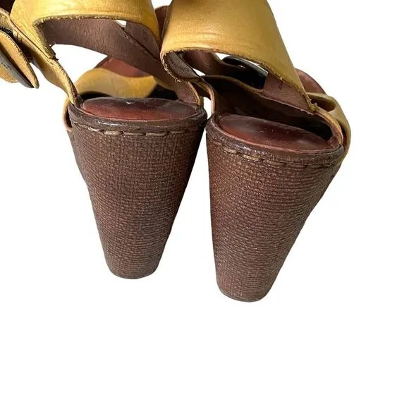 BORN Leather Wedge Summer Sandals Mustard Yellow Brown 8