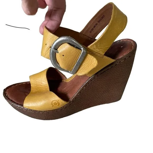 BORN Leather Wedge Summer Sandals Mustard Yellow Brown 8