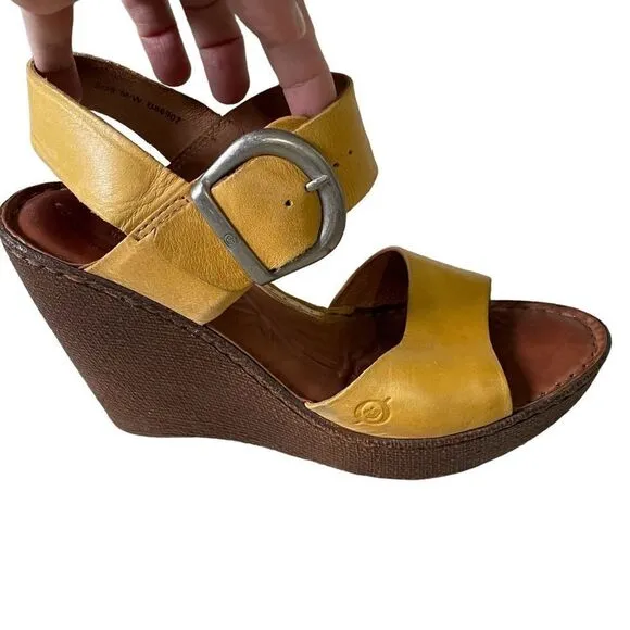 BORN Leather Wedge Summer Sandals Mustard Yellow Brown 8