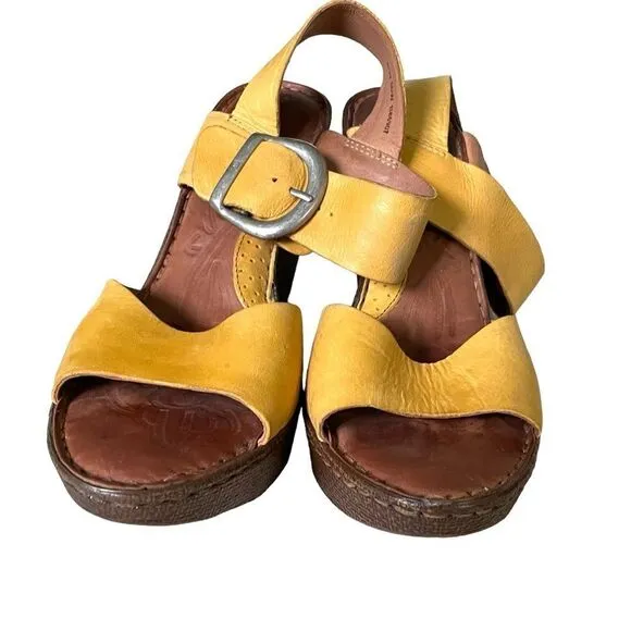 BORN Leather Wedge Summer Sandals Mustard Yellow Brown 8