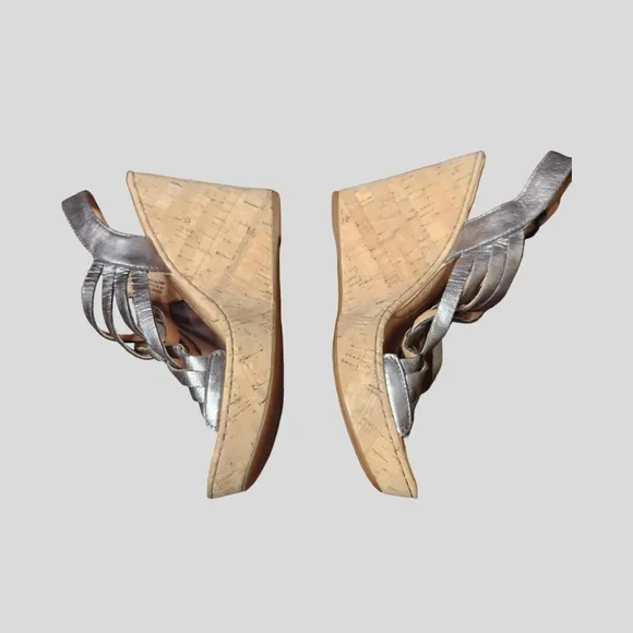 Born Metallic Pewter Silver Leather Wedge Sandals