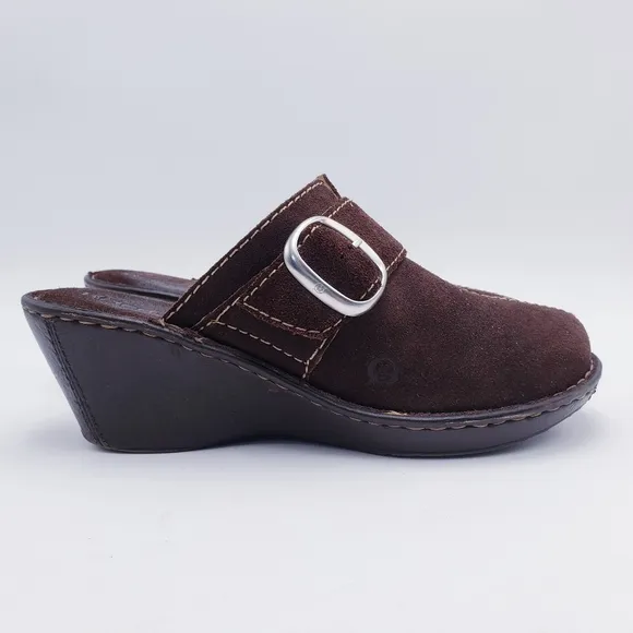 Born Shoes Womens Size 10 Mule Clogs Brown Leather Buckle Slip On Wedge Heels