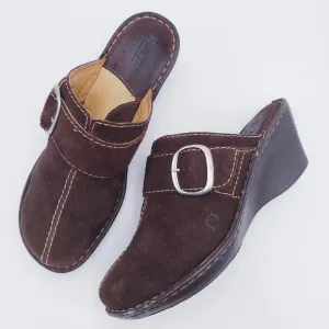 Born Shoes Womens Size 10 Mule Clogs Brown Leather Buckle Slip On Wedge Heels