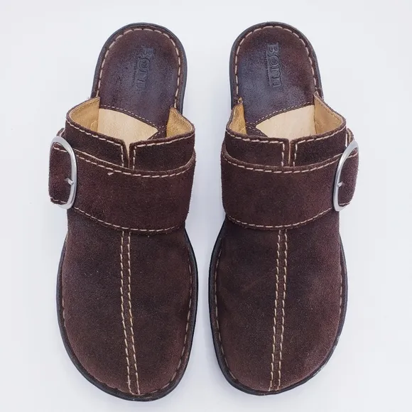 Born Shoes Womens Size 10 Mule Clogs Brown Leather Buckle Slip On Wedge Heels