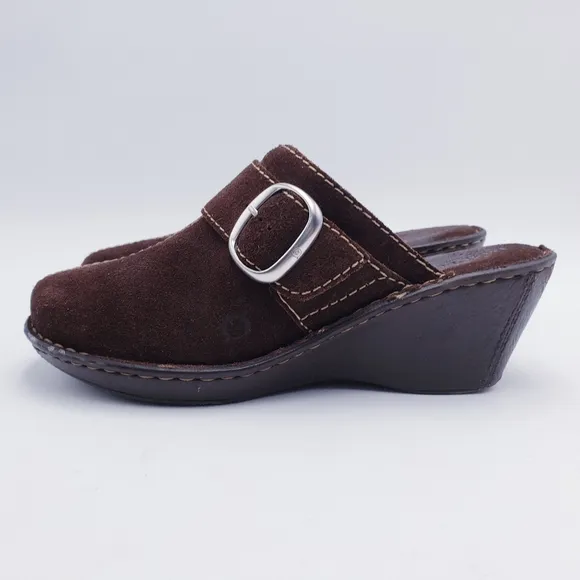 Born Shoes Womens Size 10 Mule Clogs Brown Leather Buckle Slip On Wedge Heels