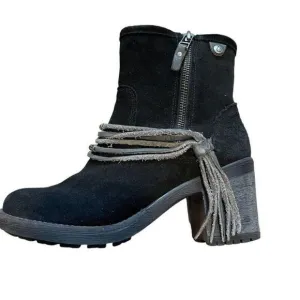 Bos &amp; Co Black Suede Fringe Ankle Bootie Boots Western Block Heel Sz 36