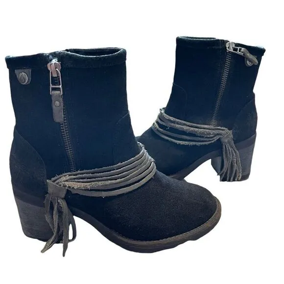 Bos &amp; Co Black Suede Fringe Ankle Bootie Boots Western Block Heel Sz 36