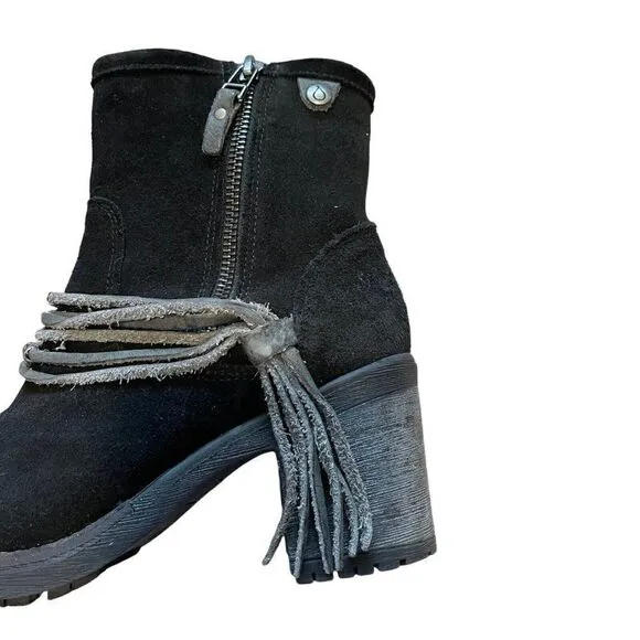 Bos &amp; Co Black Suede Fringe Ankle Bootie Boots Western Block Heel Sz 36