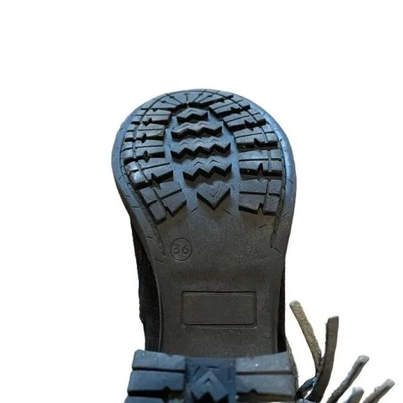 Bos &amp; Co Black Suede Fringe Ankle Bootie Boots Western Block Heel Sz 36