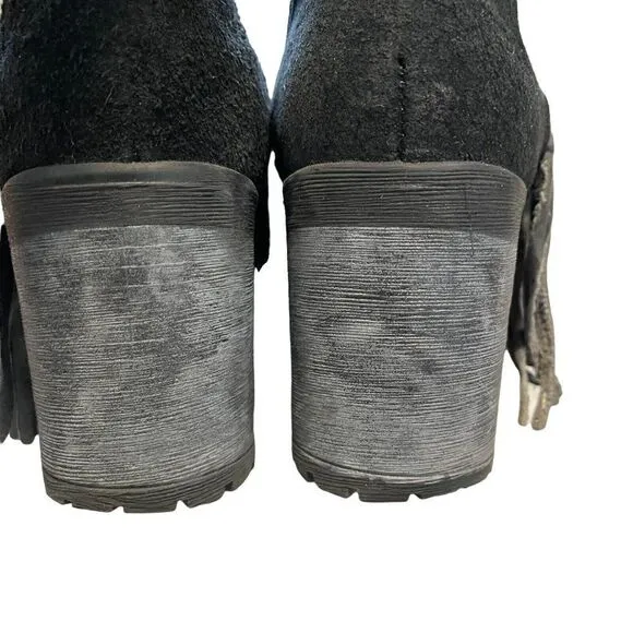 Bos &amp; Co Black Suede Fringe Ankle Bootie Boots Western Block Heel Sz 36